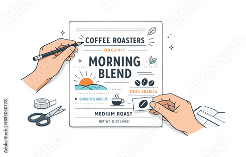Minimalist Coffee Label Design. Coffee packaging label design. A designer arranging typography and simple illustrations on a coffee bag label, focusing on
