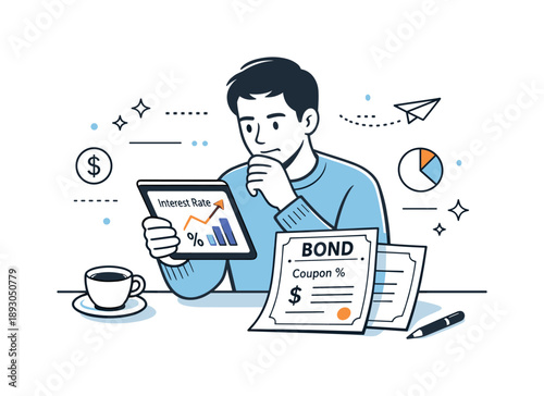 Analyzing Bonds Visually. Bond market concept. Person reviewing bond certificates and interest rate charts on a tablet, focused and analytical mood. Editorial