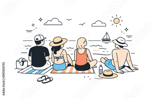 Beachside Serenity. People at the beach. A small group relaxing near the shoreline, sitting on towels and watching the sea. Calm summer mood, light breeze, and