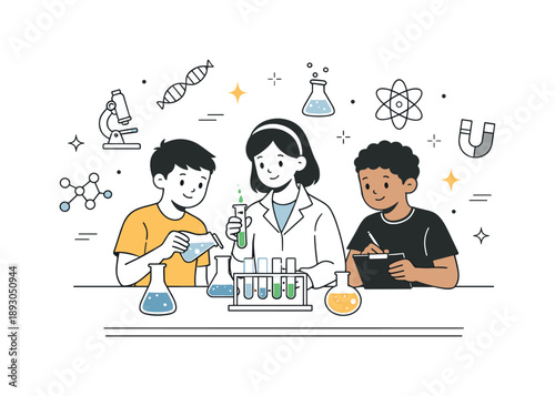 Curious Lab Exploration. Science lab scene. Students conducting a simple experiment at a lab table, test tubes and flasks neatly arranged. Calm curiosity and