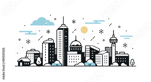 Winter Skyline Silhouette. Winter city skyline. Stylized silhouette of modern buildings with snow-covered rooftops, soft snowfall and abstract sky accents.