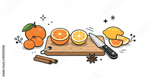 Citrus Winter Prep. Late winter kitchen objects. A small collection of citrus fruits, a knife, and a cutting board prepared for winter drinks or desserts.
