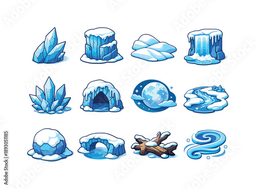 Frozen Landscape Icons. Frozen landscape. Colorful isometric vector icons set of frozen landscape: glacier shard, icy cliff, snow dunes, frozen waterfall, ice