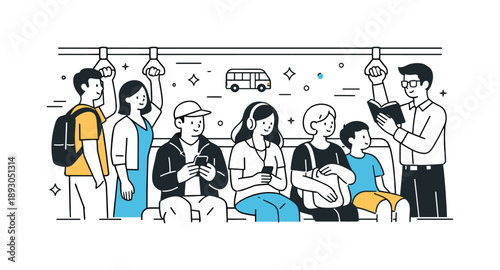 City Bus Harmony. Passengers on a city bus. People holding handrails, sitting on seats, and sharing space comfortably. Editorial-style scene highlighting