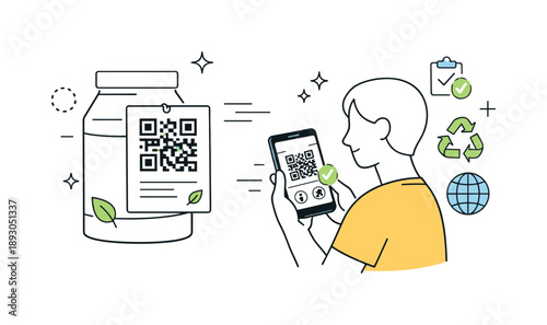 Scan for Product Info. Abstract digital product passport concept. Simplified product shapes, QR codes, and data icons arranged in a balanced composition. The