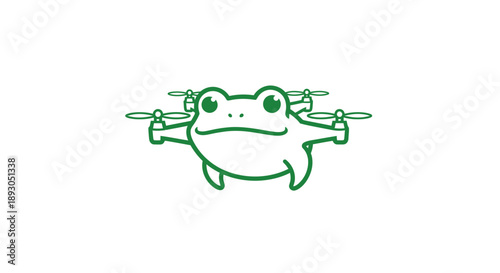 Cute green outlined frog drone character illustration minimalist amphibian quadcopter logo design.