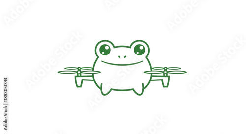 Cute green outline frog drone logo with propellers and landing gear smiling cartoon amphibian technology hybrid.