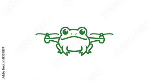 Green cartoon frog drone hybrid illustration front view unique amphibian technology concept line art style.