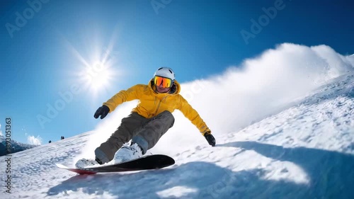 A snowboarder in a bright jacket and gear slides down a snowy slope. A man on a snowboard in the mountains, a concept for active winter recreation