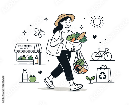 Sustainable Market Shopper. Farmers market lifestyle. A relaxed shopper carrying fresh produce away from the market, expressing satisfaction, healthy habits,