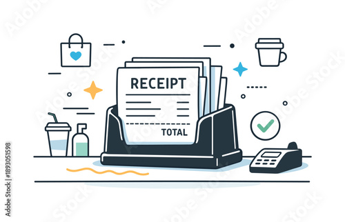 Minimalist Receipt Holder. Retail receipt holder. A counter scene with a compact receipt holder displaying paper receipts ready for customers. Clean