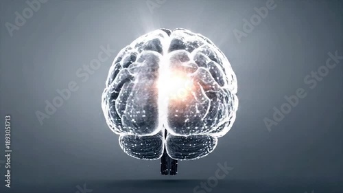 A translucent brain, lit up internally, appears to float against a gray backdrop