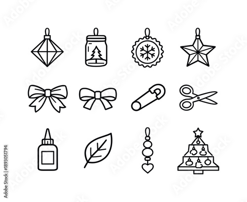 Upcycled Ornament Icons. Upcycled Christmas Ornaments. Line icon set of Upcycled Christmas Ornaments: recycled paper ornament, glass jar decoration, bottle cap