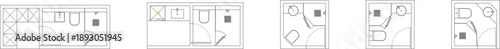 Technical vector illustration of five compact bathroom floor plans, including space-saving corner layouts for sinks, toilets, and showers.