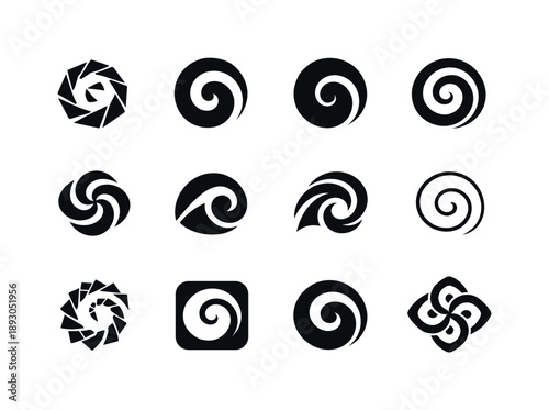 Origin Logo Variations. Origin. Icon set. Set Logo of Origin: spiral beginning symbol. harmonious logo variations of the same emblematic concept, each with