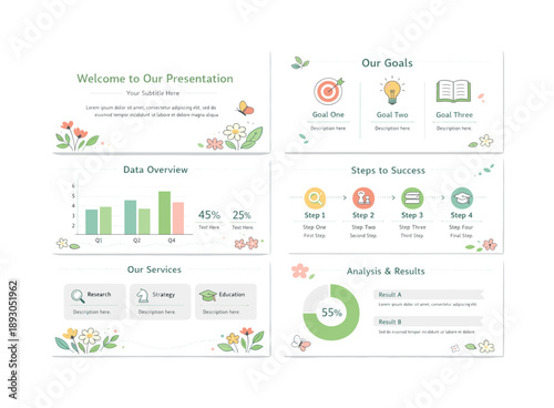 Spring Presentation Design. Presentation templates with spring theme. A calm educational presentation template with charts, icons, and text frames, paired with
