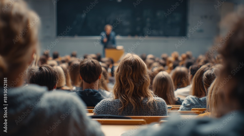 Obraz premium College lecture in a classroom setting with students seated and a professor speaking at the front, chalkboard visible in the background