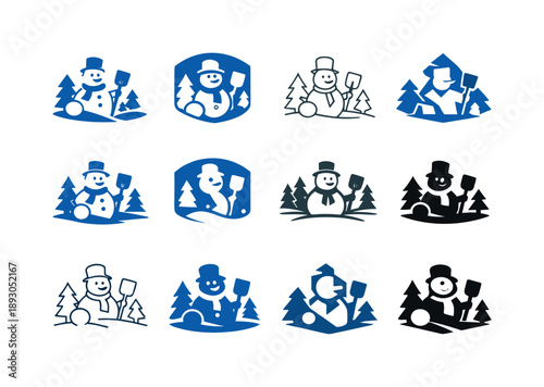 Snowman Contest Logos. Snowman-building contest and snow activities. Icon set. Set Logo of Snowman-building contest and snow activities: snow shovel.