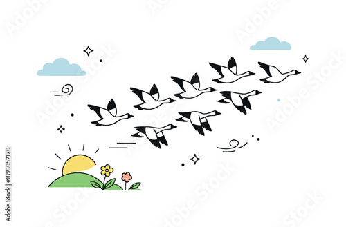 Spring Migration Return. Birds returning from migration illustration. Minimal editorial scene with birds flying back in formation, soft sense of movement and