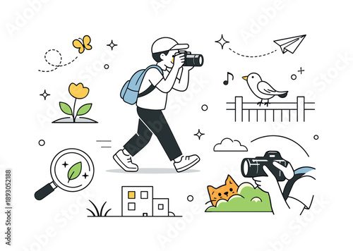 Creative Photo Walk. Creative photo walk. A person walking with a camera, observing surroundings and capturing details. Slow exploration and visual curiosity