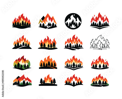 Wildfire Logo Variations. Wildfires and their ecological consequences. Icon set. Set Logo of wildfires and their ecological consequences: burning forest