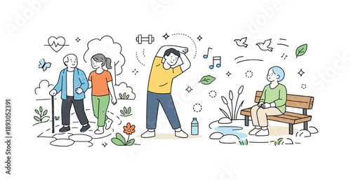 Garden Wellness Activities. Outdoor therapeutic activities. Participants walking in a garden, doing light exercises, or enjoying nature, subtle abstract icons