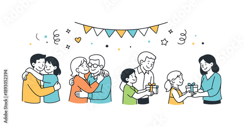 Joyful Family Celebration. Family gathering. A simple scene of family members exchanging greetings and small gifts during a celebration, surrounded by subtle