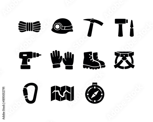 Speleology Tools Icons. Speleology tools. Solid icon set of Speleology tools: rope, helmet lamp, pickaxe, hammer, chisel, drill, gloves, boots, harness,