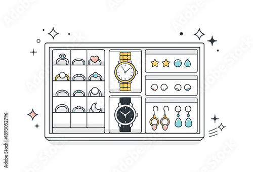 Minimalist Jewelry Drawer. Jewelry storage system. A top view of a drawer with rings, watches, and earrings perfectly arranged in sections, sense of control