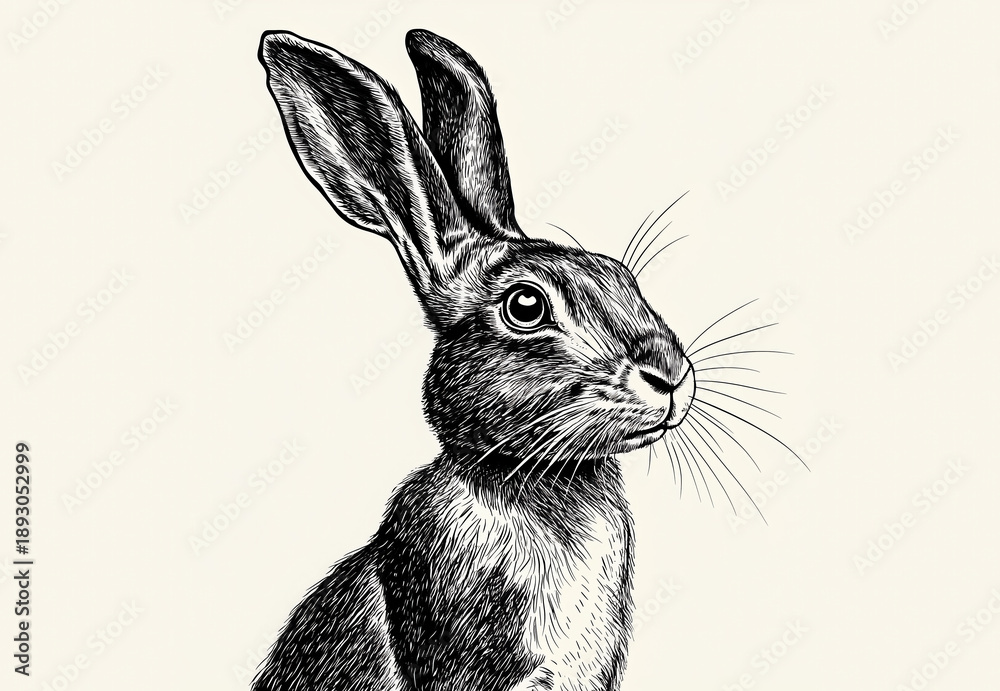 Naklejka premium Hare, rabbit, sketch. Vintage retro print, wild hare, farm rabbit sketch ink pencil style drawing, linear drawing, engrave old school. Sketch artwork silhouette wild hare, farm rabbit. Illustration