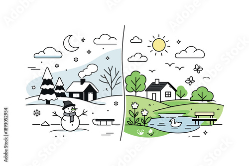 Seasons in Harmony. Two seasons one scene illustration. A single landscape divided softly in the middle, with winter elements on one side and spring elements