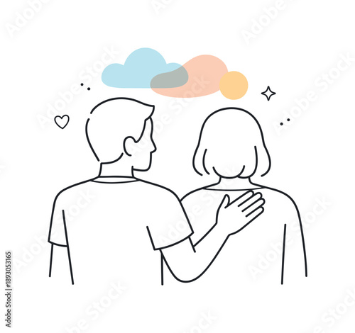 Empathy Touch Artistry. Non-verbal connection. A person placing a comforting hand on another?s shoulder with abstract soft shapes above. Calm empathy and deep