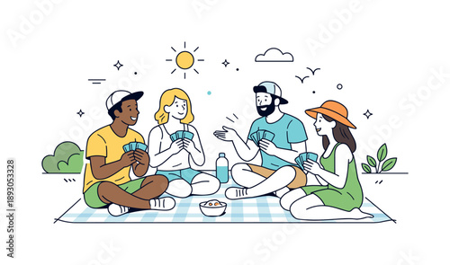 Outdoor Card Game. Friends playing cards. A group of friends sitting outdoors on a blanket, playing cards in the sun. Summer leisure mood, calm conversation
