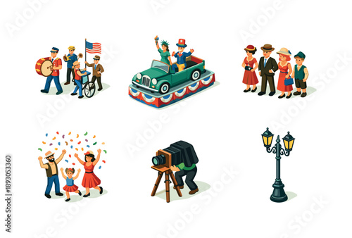Vintage Parade Icons. Old-Time Celebration. Isometric flat vector icons set of Old-Time Celebration: vintage street parade, classic car float, retro costumes