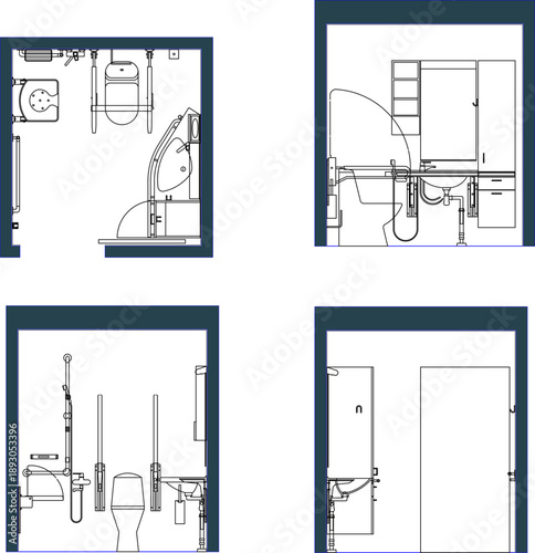 Technical vector illustration of accessible bathroom designs, featuring floor plans and elevations with grab bars and ADA compliant fixtures.