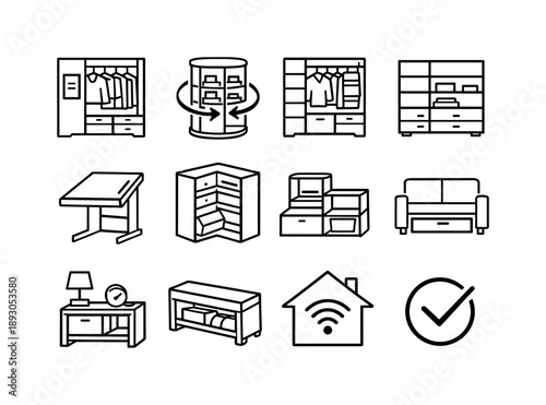 Smart Storage Icons. Smart Storage Furniture. Line icon set of Smart Storage Furniture: intelligent wardrobe, rotating mechanism, organized clothes, modern