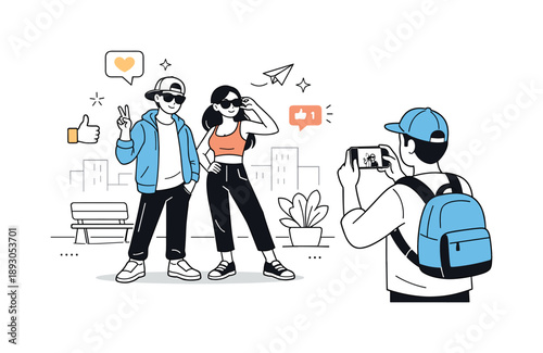 Influencers Posing Confidently. Influencers taking photos. Young people posing with confidence while a friend captures the moment on a smartphone, calm urban