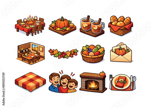 Autumn Celebration Icons. Autumn Gathering. Colorful isometric vector icons set of Autumn Gathering: fall-themed table, pumpkin centerpiece, apple cider mugs,