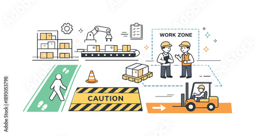 Organized Factory Floor. Industrial floor markings. A clean factory floor with clearly painted safety lines guiding movement and zones. The scene communicates