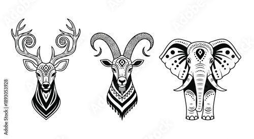 Black and white illustration of a deer, a goat, and an elephant with decorative patterns on a plain background.