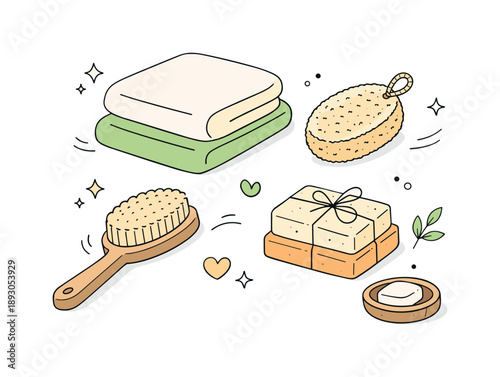 Bathroom Spa Essentials. Bathroom spa accessories. A calm flat-lay scene with a wooden brush, loofah, handmade soap, and folded towels. Natural textures and