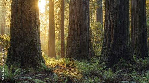 Redwood forest sunset, nature scene, sunlight through trees, peaceful background, ideal for travel brochures