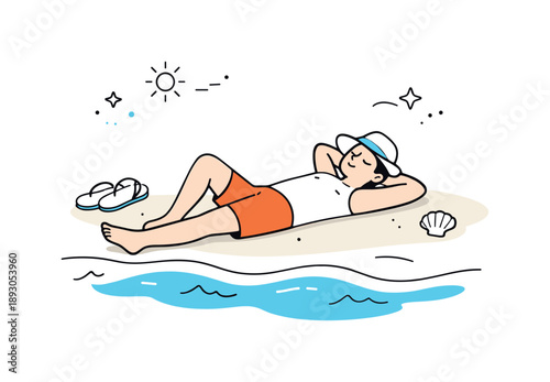 Minimalist Beach Relaxation. Sunbathing on beach. A person lying peacefully near the waterline, eyes closed, listening to waves. Deep relaxation, warmth, and