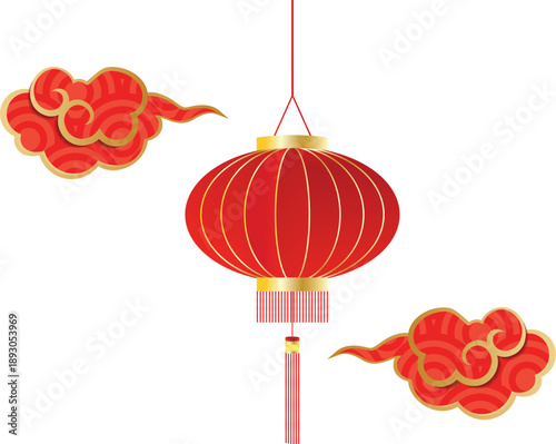  vector illustration of a traditional Chinese red lantern with golden accents and clouds