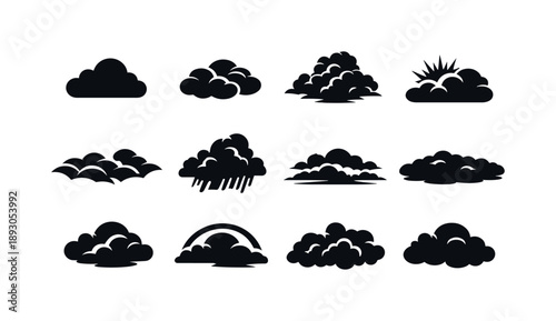 Moody Sky Icons. Moody Sky. Solid icon set of Moody Sky: dark cloud, rolling clouds, dramatic cloudscape, sun glow behind clouds, cloud waves, stormy sky mass,