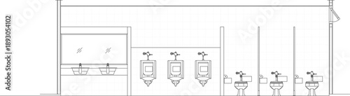 Technical vector illustration of a commercial restroom elevation, featuring toilet stalls, urinals, double sinks, and wall-mounted mirrors.
