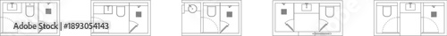 Technical vector illustration featuring five compact bathroom floor plan options with efficient layouts for toilets, sinks, and showers.
