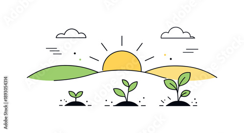 Seasonal Renewal Landscape. Seasonal renewal. A minimal landscape with rolling hills, rising sun, and young plants emerging. The illustration communicates calm