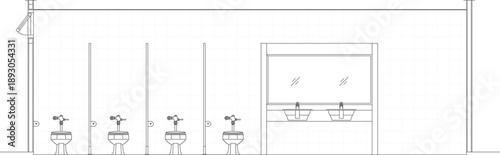 Фотография Technical vector illustration of a public restroom interior elevation, showing four toilet stalls, double sinks, and a large wall-mounted mirror