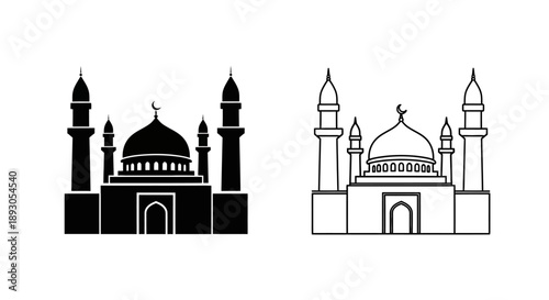 Mosque vector icon set: black silhouette and outline drawing of a Muslim worship building with dome and minarets isolated on White Background
